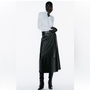 Zara Black Faux Leather Belted Midi Skirt Sz M NWT
